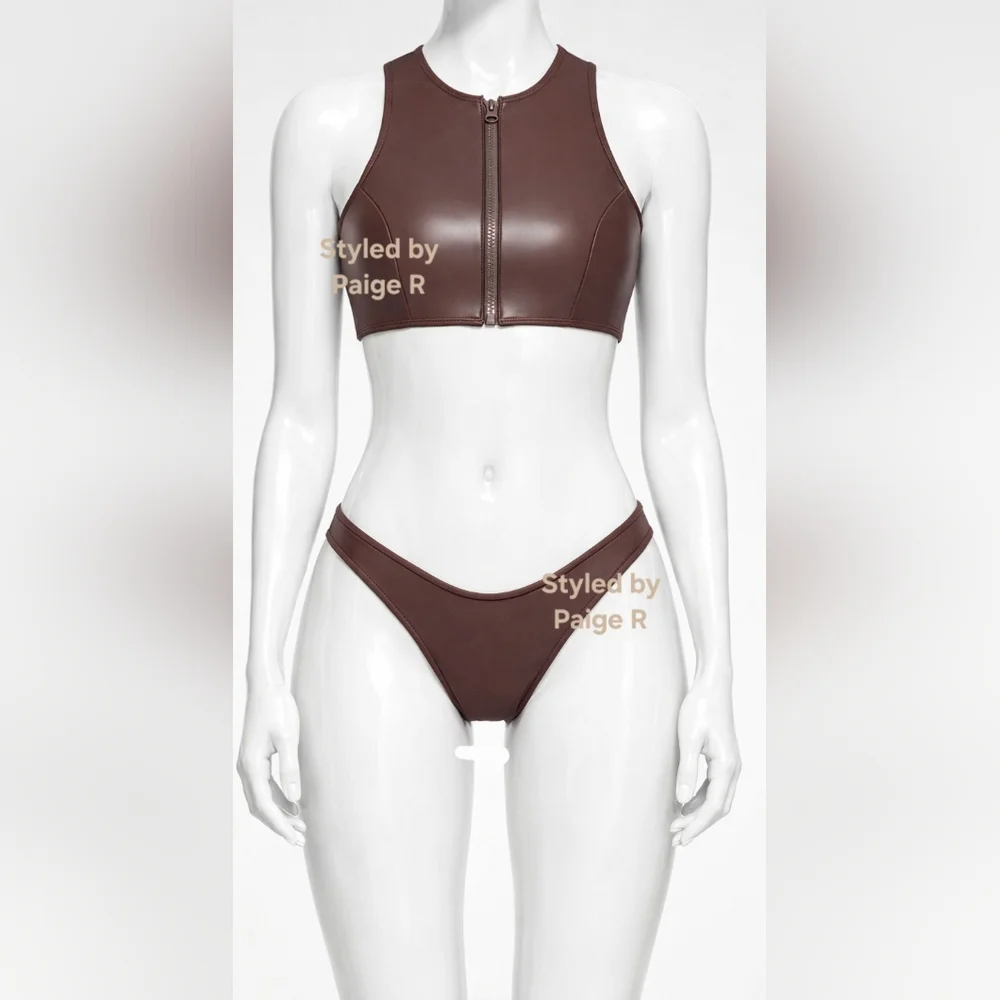 ❤NWT SKIMS 2 piece Rubberized Scuba Swim High Neck top + bikini bottoms Cocoa 3X